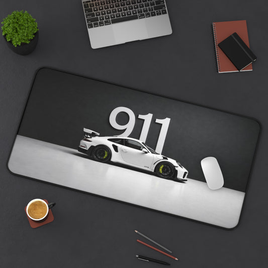 White Porsche 911 Illustration Desk Mat | Sports Car Mouse Pad