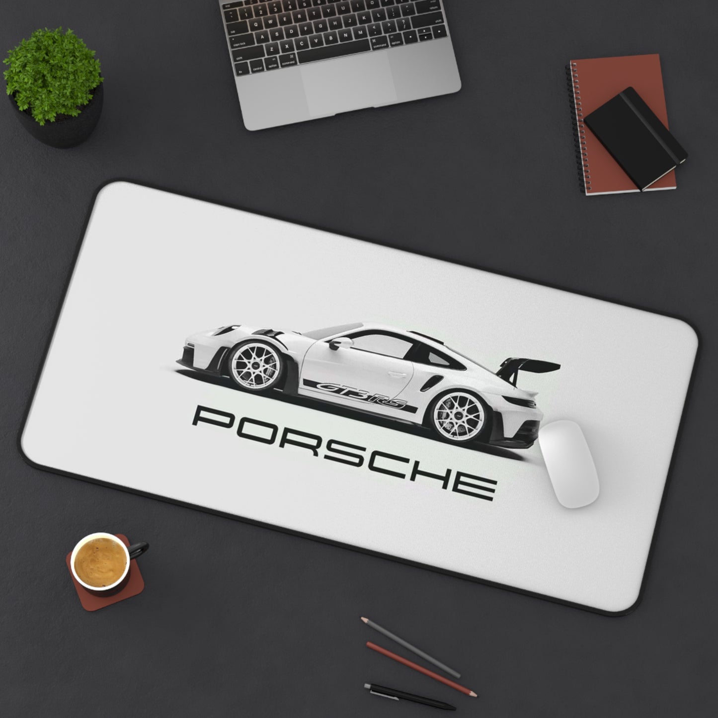 White Porsche Sports Car Desk Mat | Racing Illustration Desk Mat