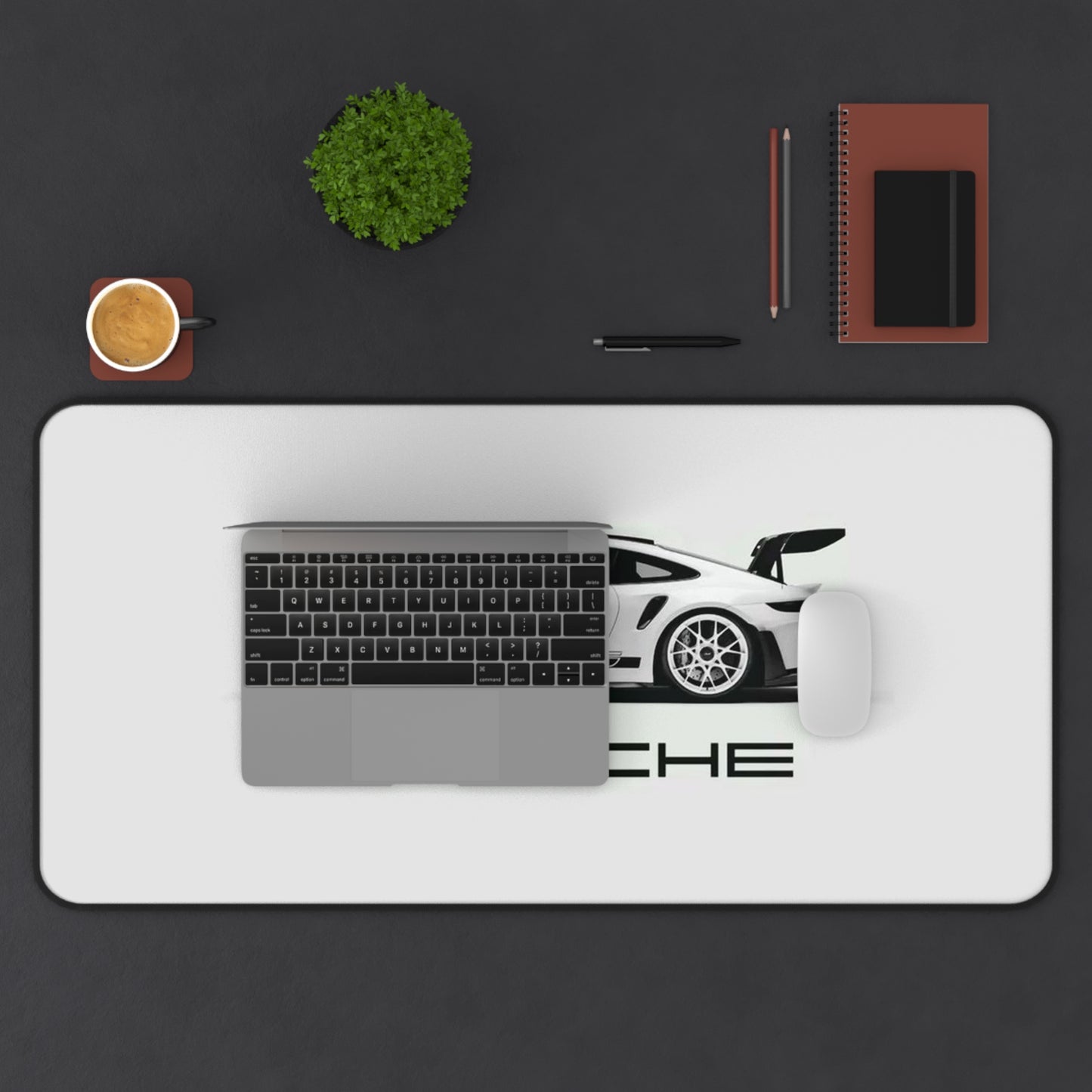 White Porsche Sports Car Desk Mat | Racing Illustration Desk Mat