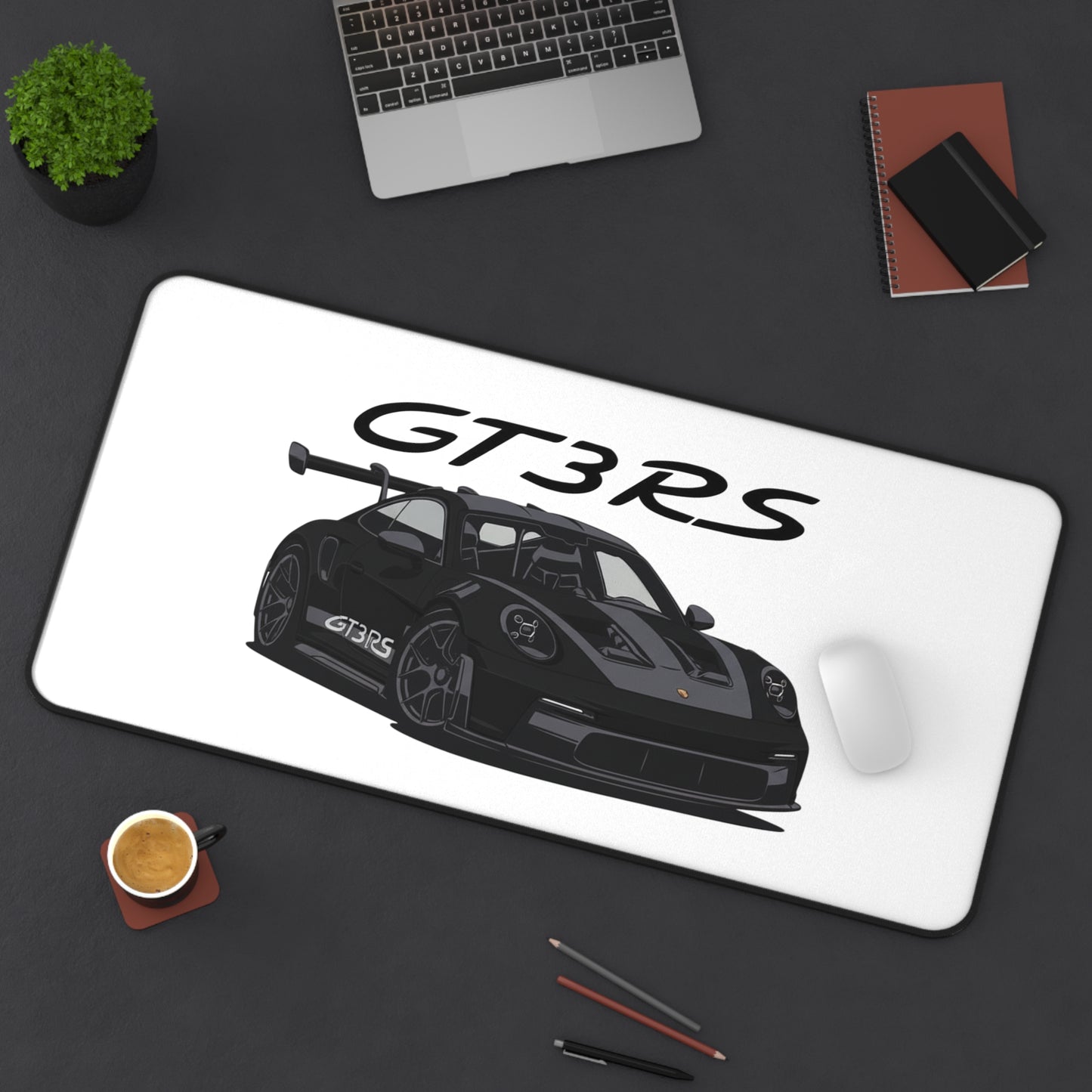 Black Porsche GT3 RS Illustration Desk Mat | Racing Car Mouse Pad