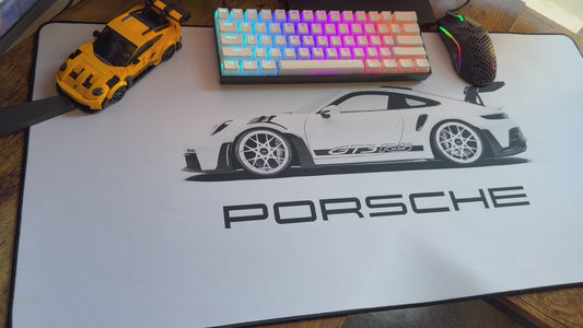 White Porsche Sports Car Desk Mat | Racing Illustration Desk Mat